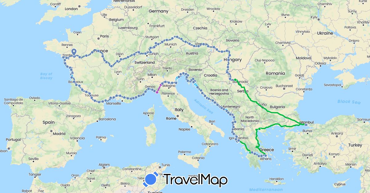 TravelMap itinerary: driving, bus, cycling, train, boat in Albania, Austria, Germany, France, Greece, Croatia, Hungary, Italy, Montenegro, Serbia, Slovenia, Slovakia, Turkey (Asia, Europe)